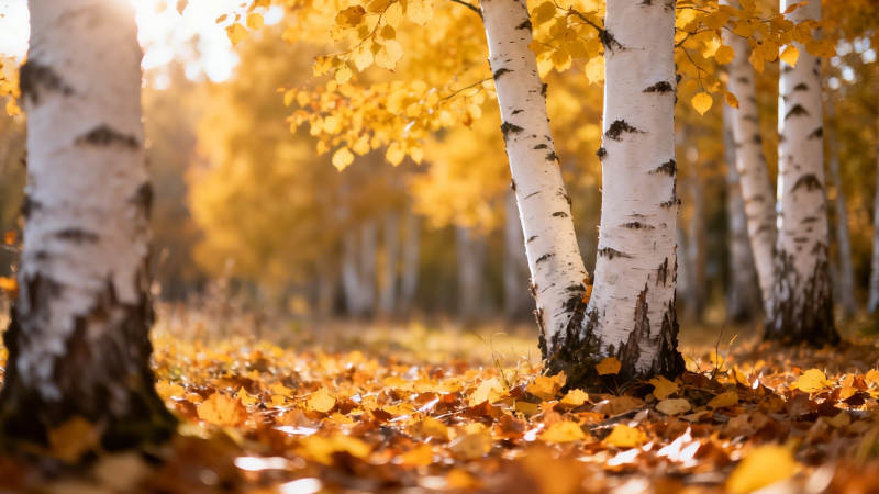 秋日白桦林 金叶铺满地图片