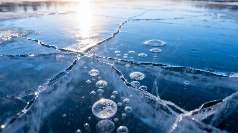 冰裂气泡映夕阳图片