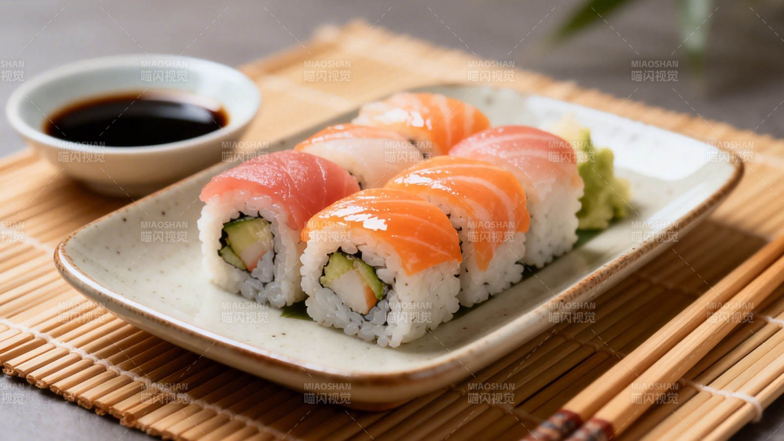 寿司拼盘配酱油筷子图片