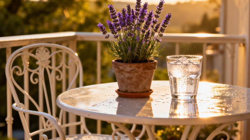 夕阳下的薰衣草与冰水图片