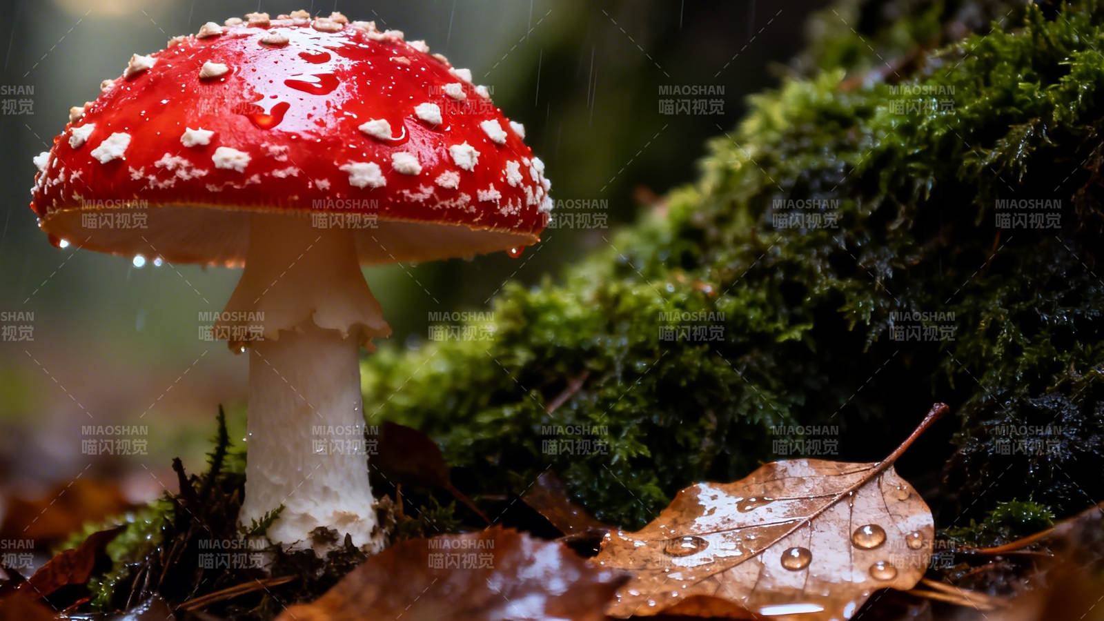 红伞白点 雨滴蘑菇林图片