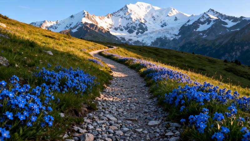雪山花径 蓝花伴石路图片