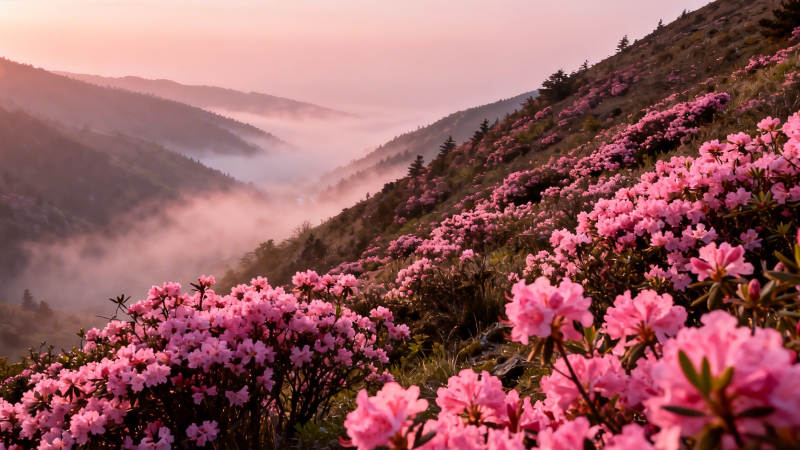 山雾映粉花 晨曦染千峰图片