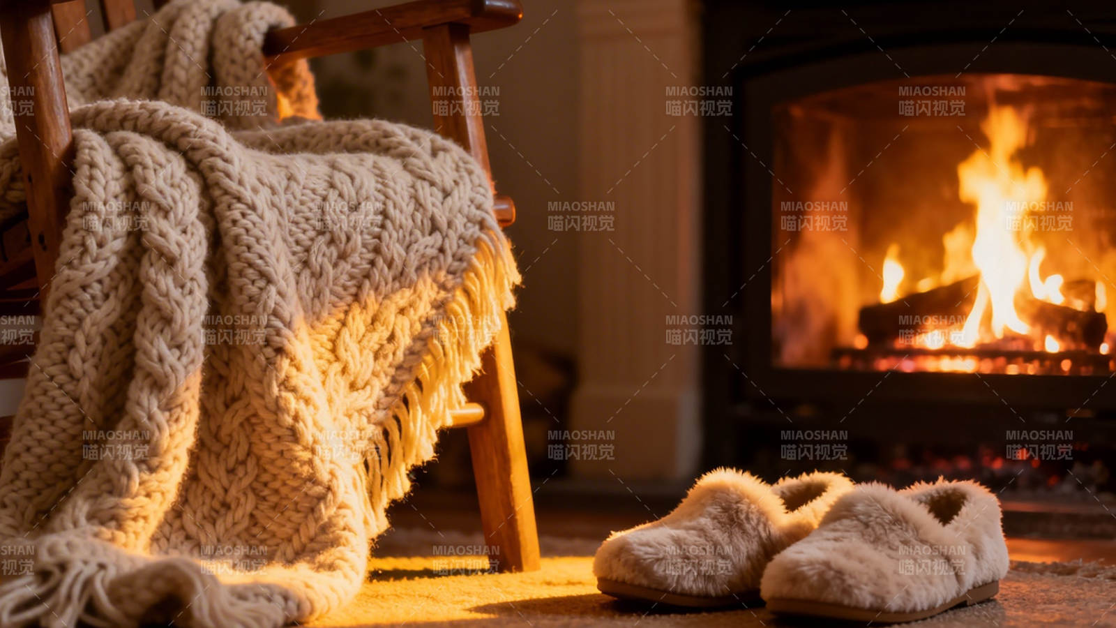 炉火旁 毛毯与拖鞋的暖意图片