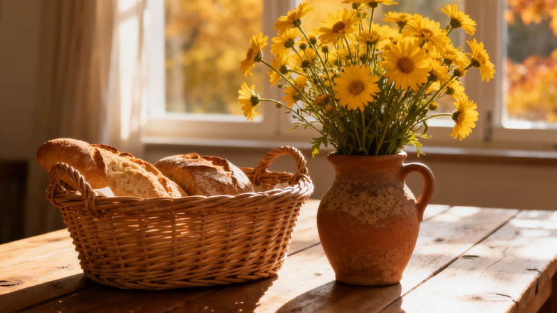 秋日窗台 面包与雏菊图片