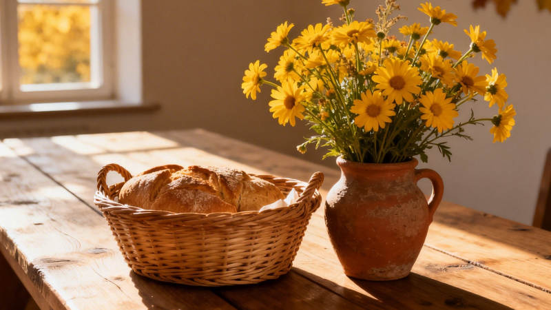 秋日暖阳 面包与雏菊图片