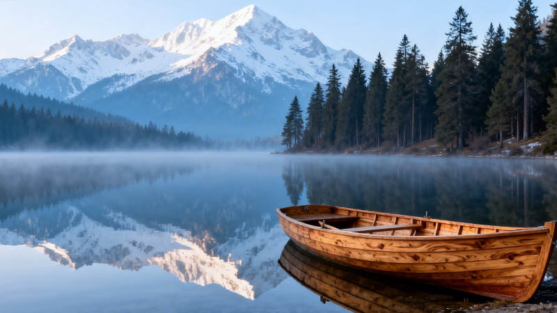 雪山静湖 木舟泊岸图片