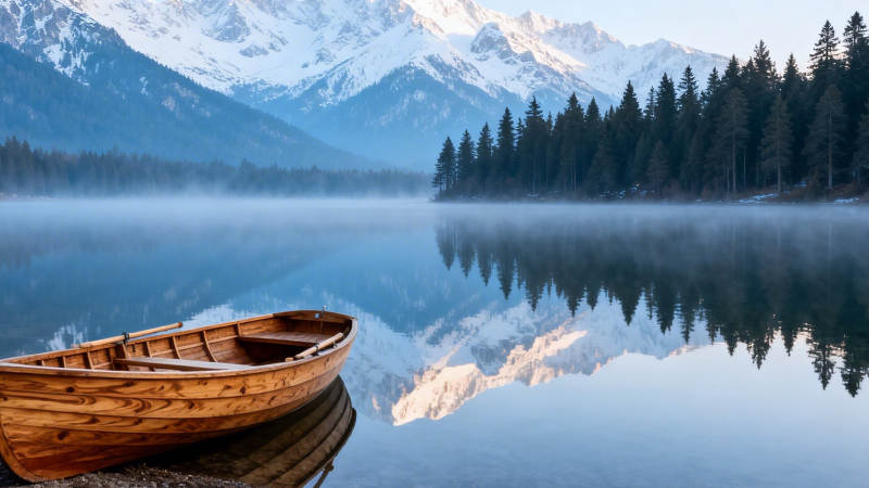 雪山湖影 木舟静泊晨雾中图片