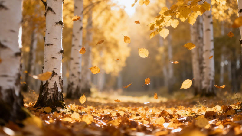 秋日白桦林 金叶飞舞时图片