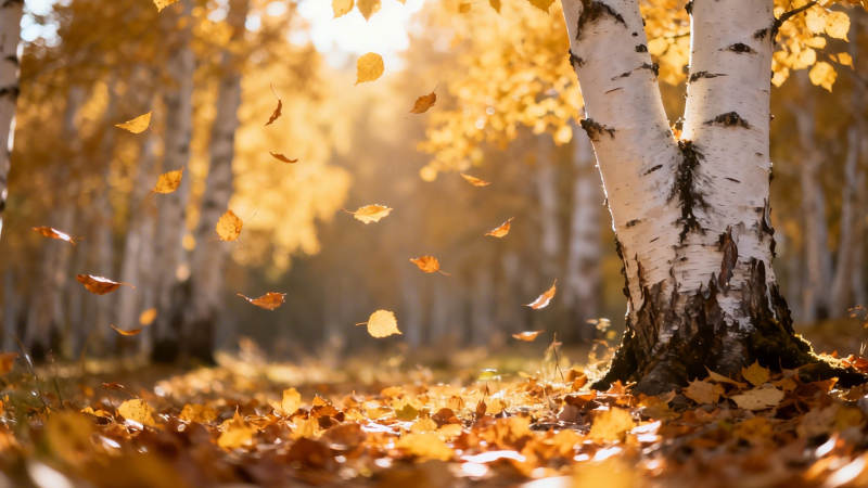 秋日白桦林 落叶纷飞时图片
