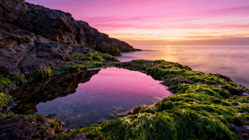 粉霞映海 苔岩静水图片