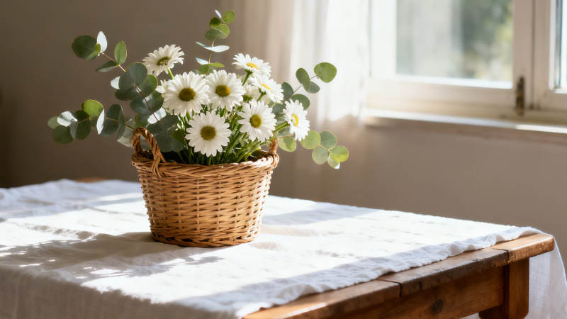 窗边花篮 雏菊与桉叶静美图片