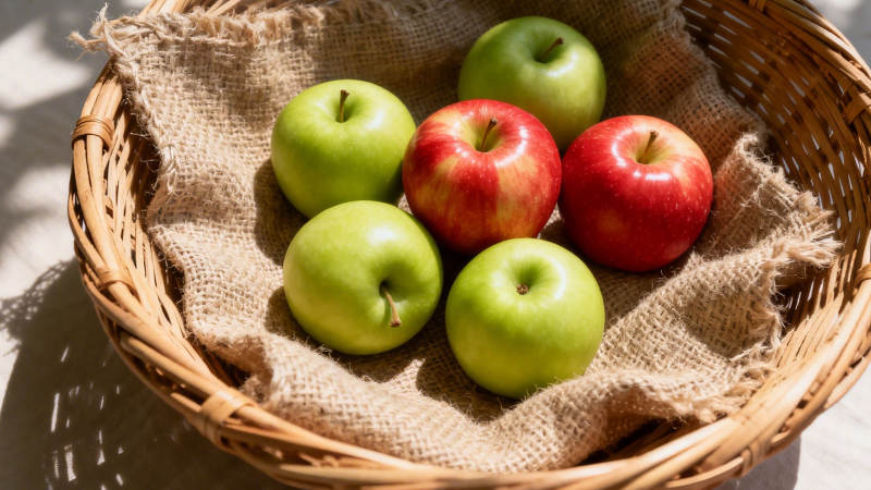 篮中青红苹果 阳光斑驳图片