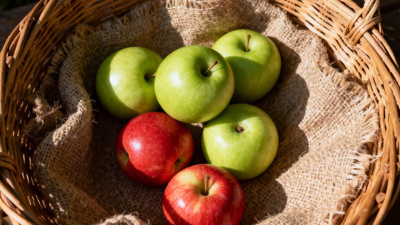 篮中青红苹果 阳光斑驳图片