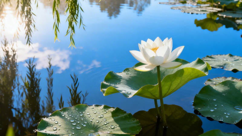 荷塘白莲映蓝天图片