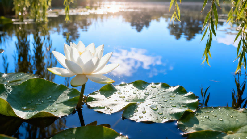 白莲映水 露珠缀叶图片