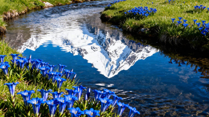 雪山倒映溪 蓝花绕水开图片