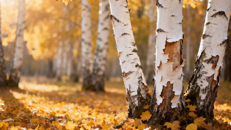 秋日白桦林 金叶铺满地图片