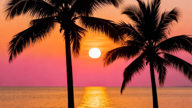 椰影夕阳 海天共色图片