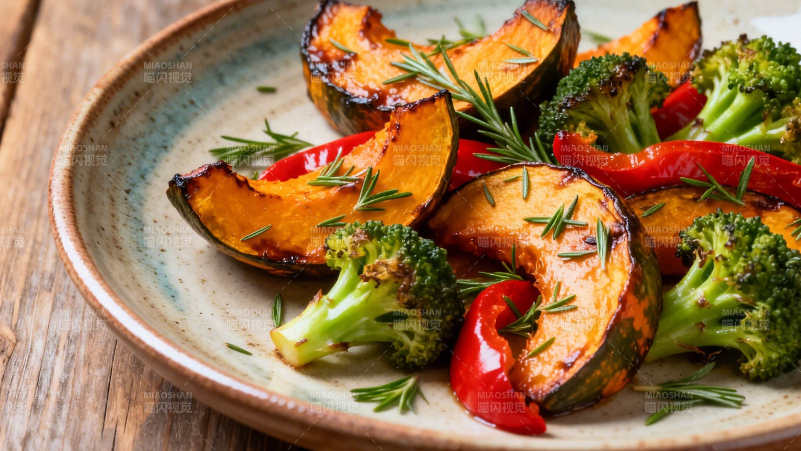 烤南瓜西兰花配红椒迷迭香图片
