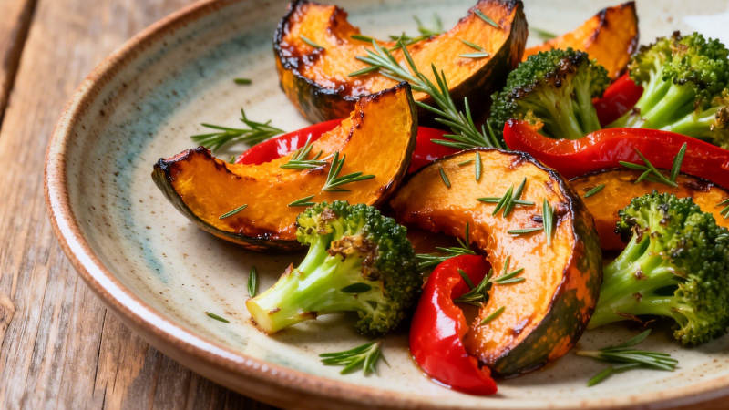 烤南瓜西兰花配红椒迷迭香图片