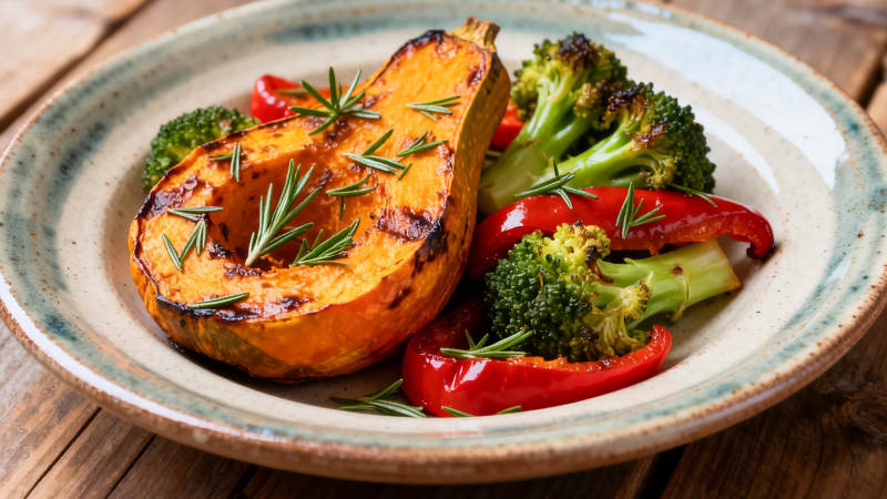 烤南瓜配西兰花红椒图片