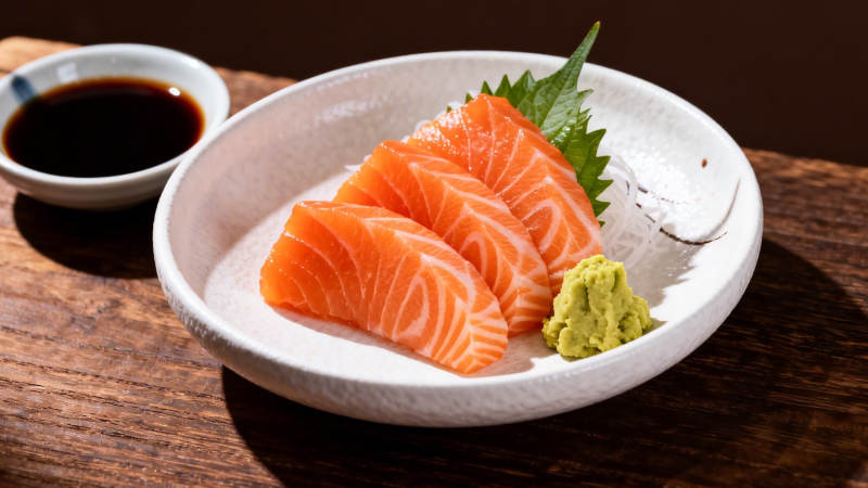 三文鱼刺身配芥末酱油图片