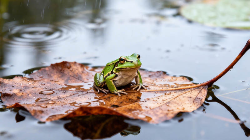 雨滴叶上蛙静坐图片