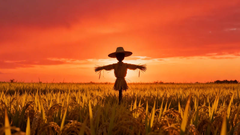 夕阳下的稻草人守望者图片