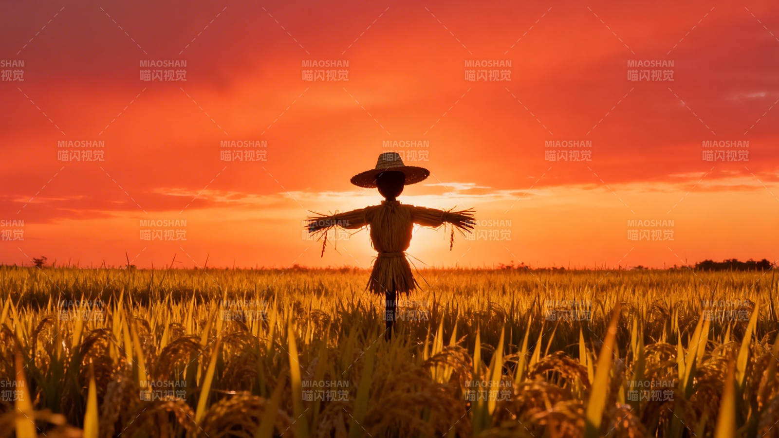 夕阳下的稻草人守望者图片