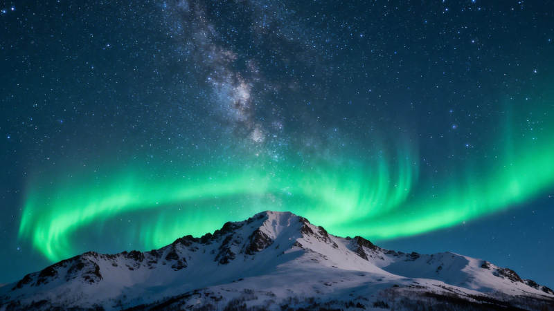 极光映雪山 星河耀夜空图片