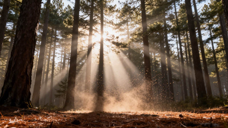林间晨光 雾霭穿树隙图片