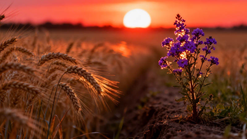 夕阳麦浪紫花艳图片
