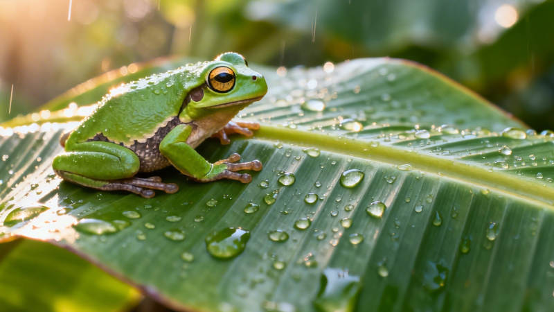 雨滴绿叶上的青蛙图片