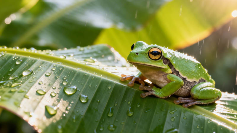 雨滴绿叶上的青蛙图片