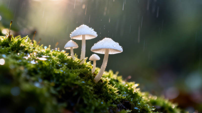 雨中苔藓上的小白蘑菇图片