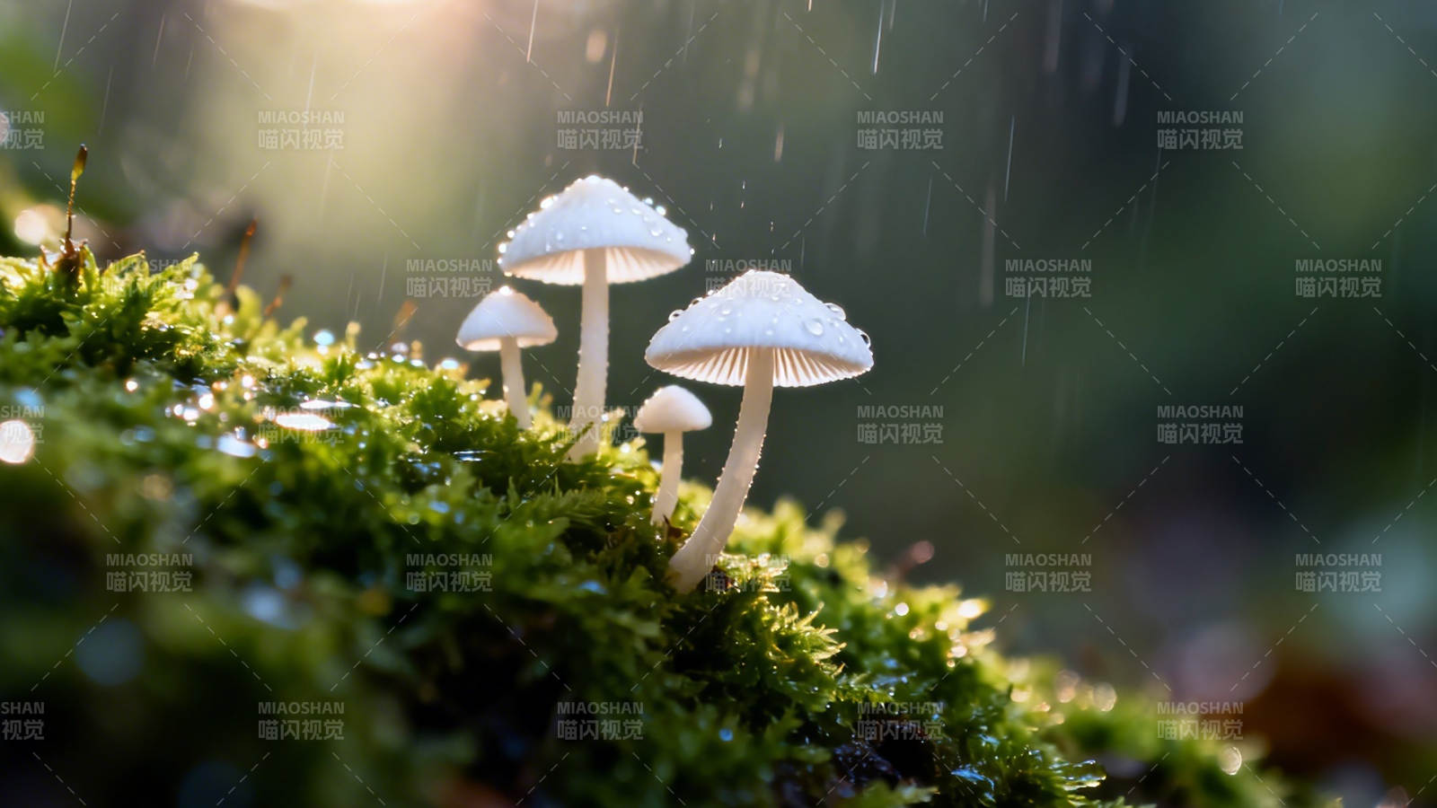 雨中苔藓上的小白蘑菇图片