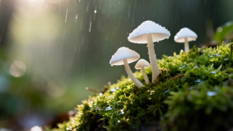 雨中白蘑 苔上精灵图片