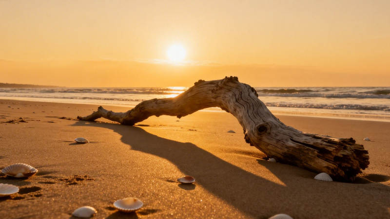 夕阳海滩 枯木静卧沙间图片