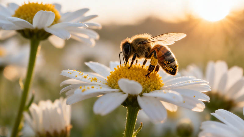 蜂采雏菊 夕照温柔图片