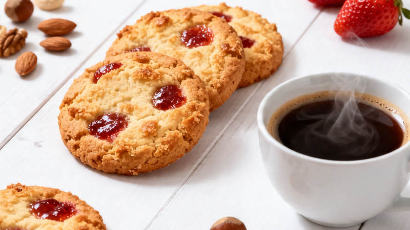 草莓果酱曲奇配热咖啡图片