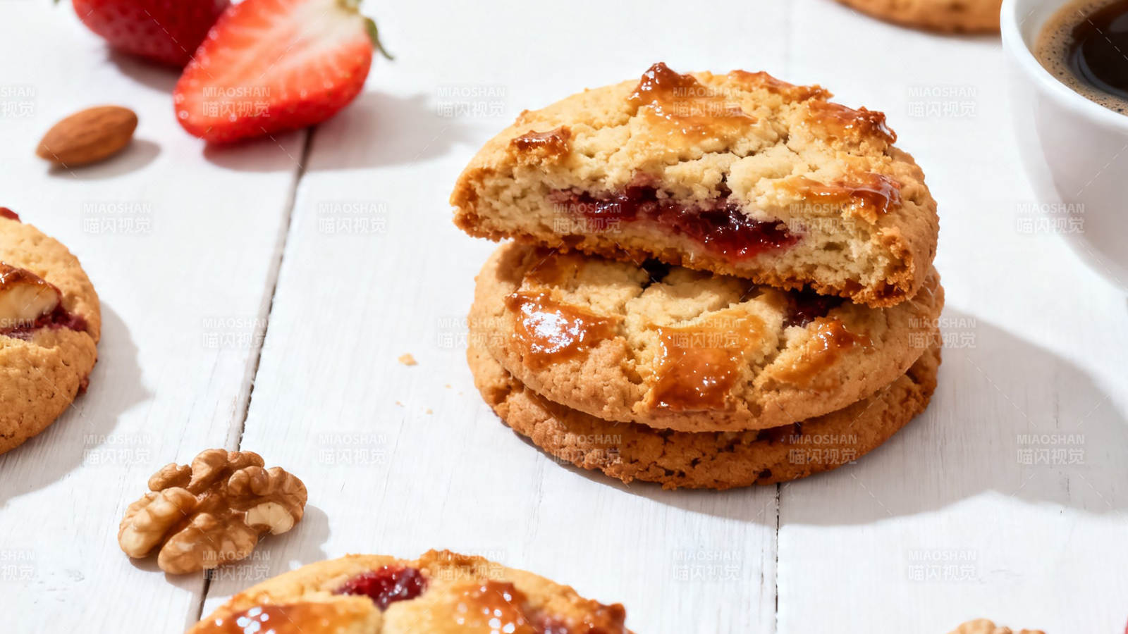 草莓果酱夹心饼干配咖啡图片