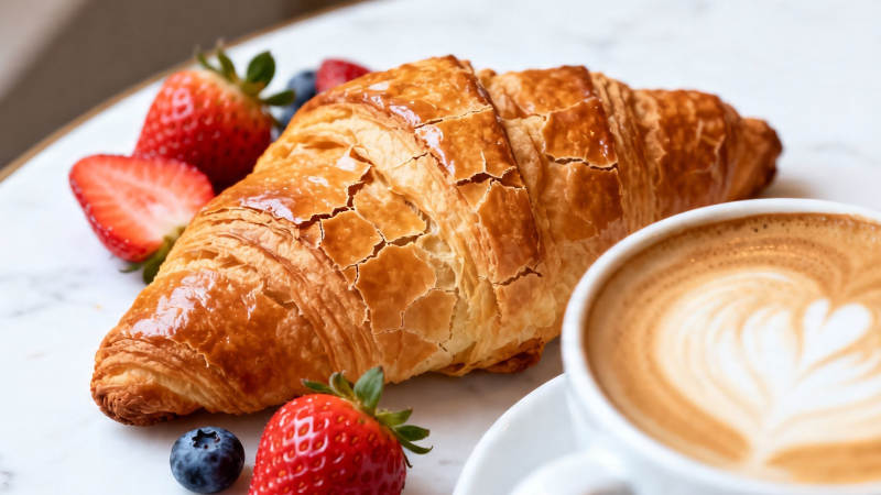 咖啡配可颂 草莓蓝莓点缀图片