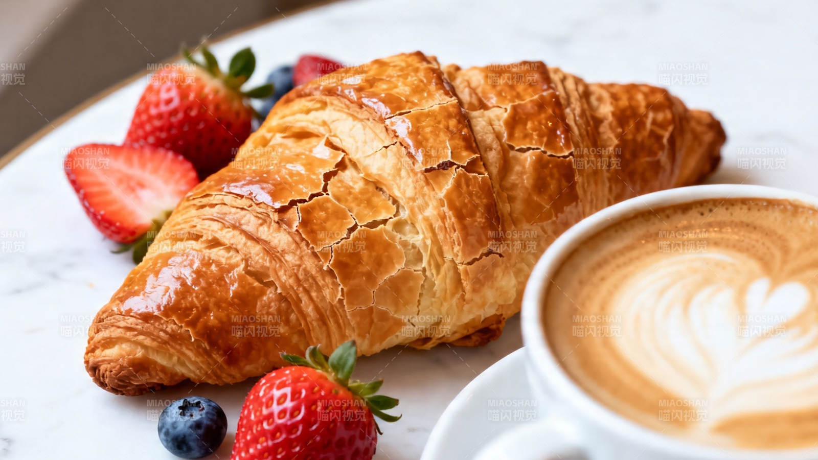 咖啡配可颂 草莓蓝莓点缀图片