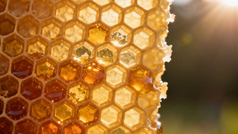 阳光下的蜂巢蜜滴特写图片