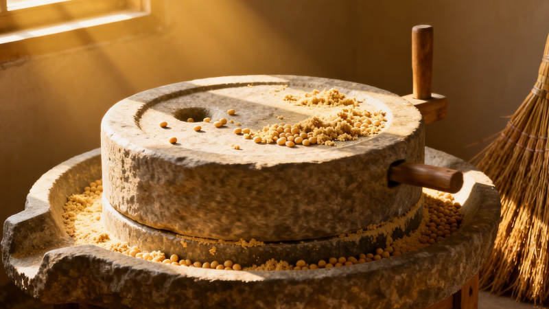 石磨碾豆 阳光暖照图片