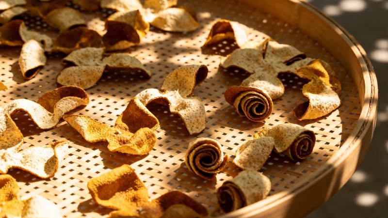 陈皮晒制 阳光下的金黄卷曲图片