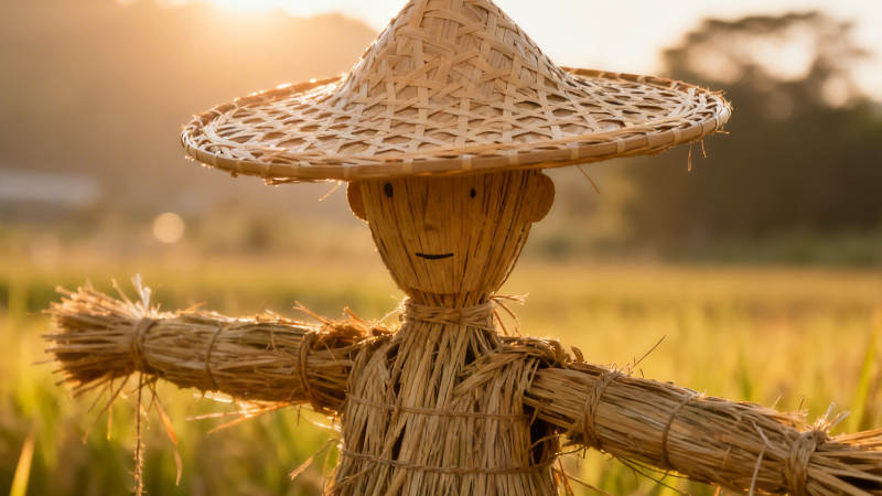 稻草人戴草帽 守望夕阳田图片