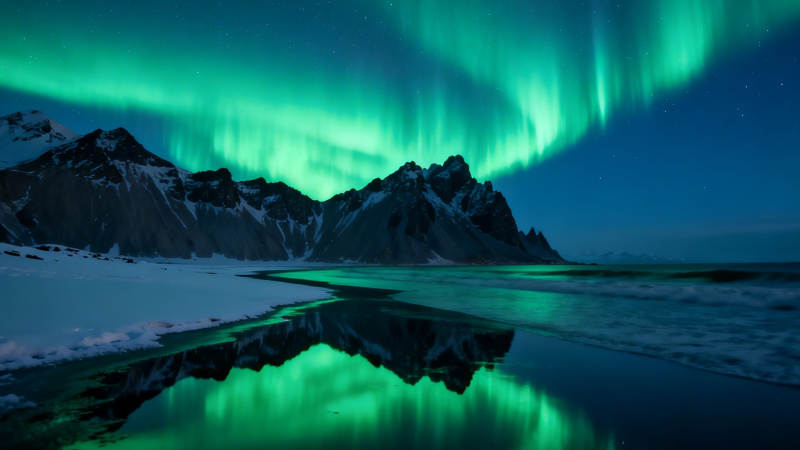 极光映雪山 绿光舞夜空图片