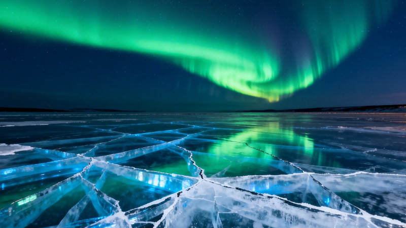 极光映冰湖 绿光舞夜空图片